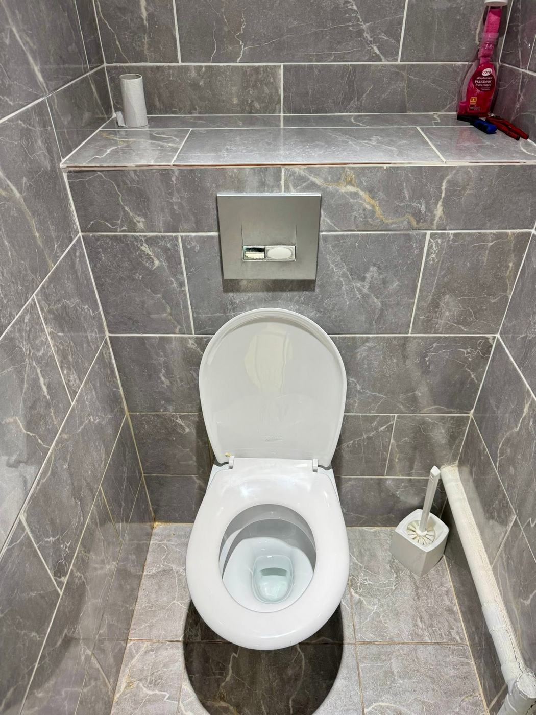 WC suspendu remis en service, plaque de commande reposée
