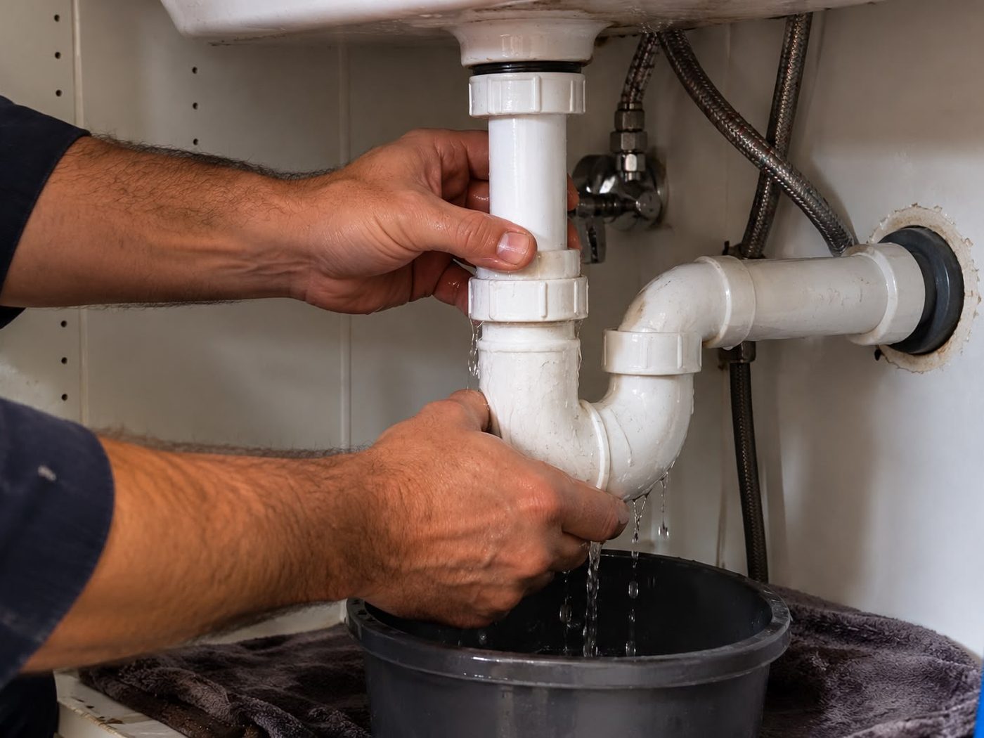 Plombier démontant un siphon d'évier pour réparer une fuite